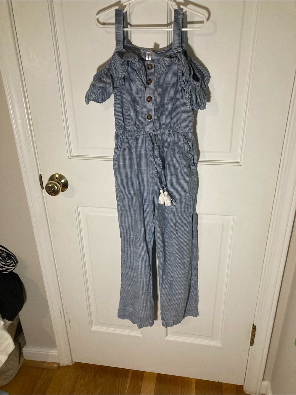 Girls Blue Cold-Shoulder One-Piece Jumpsuit with Tassel Tie